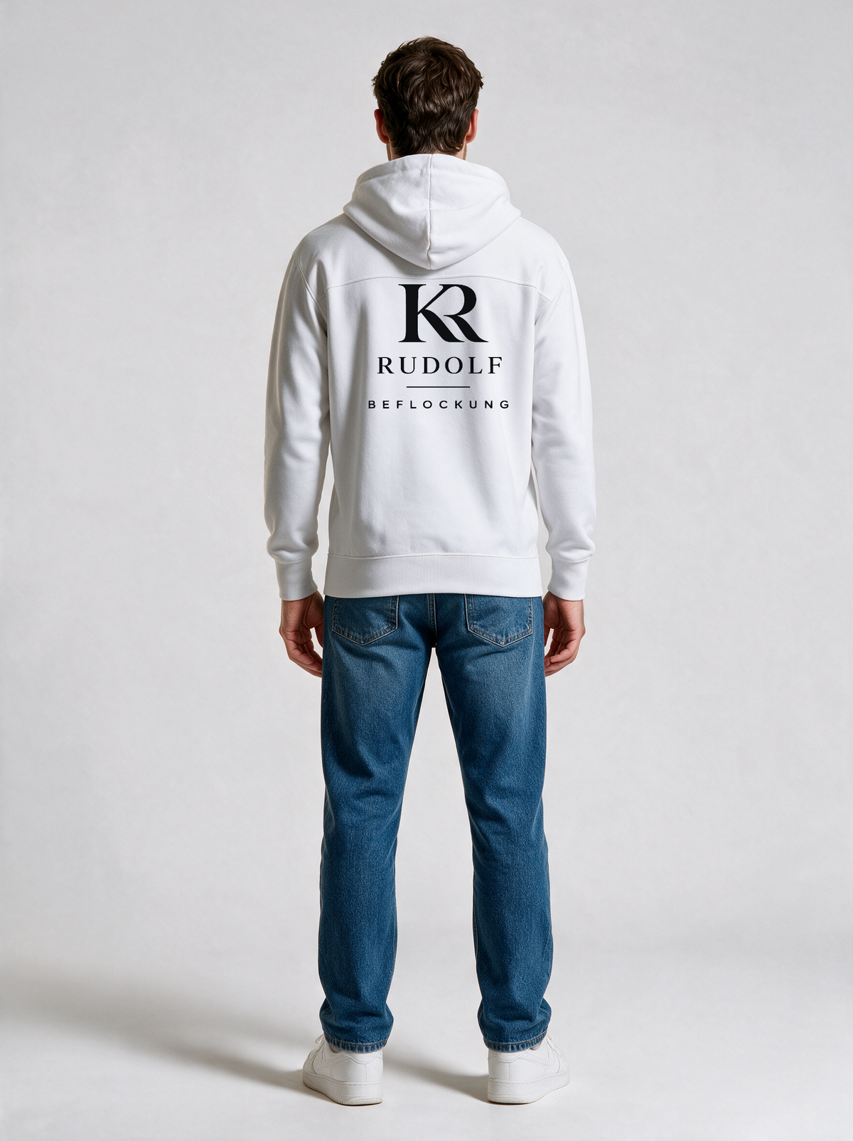 Hoodie Unisex Rudolf Beflockung Weiß in Weiß, Rückansicht