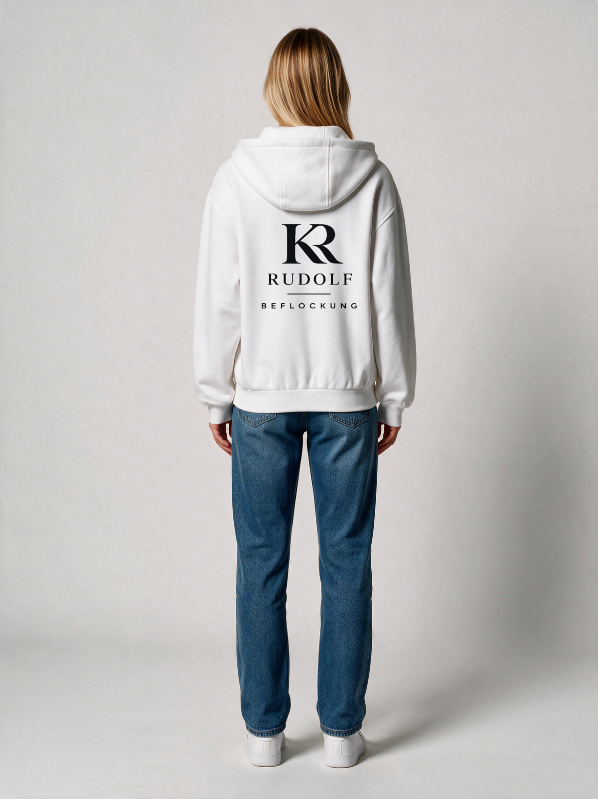 Zip-Hoodie Oversize Heavy Damen Rudolf Beflockung Weiß in Weiß, Rückansicht