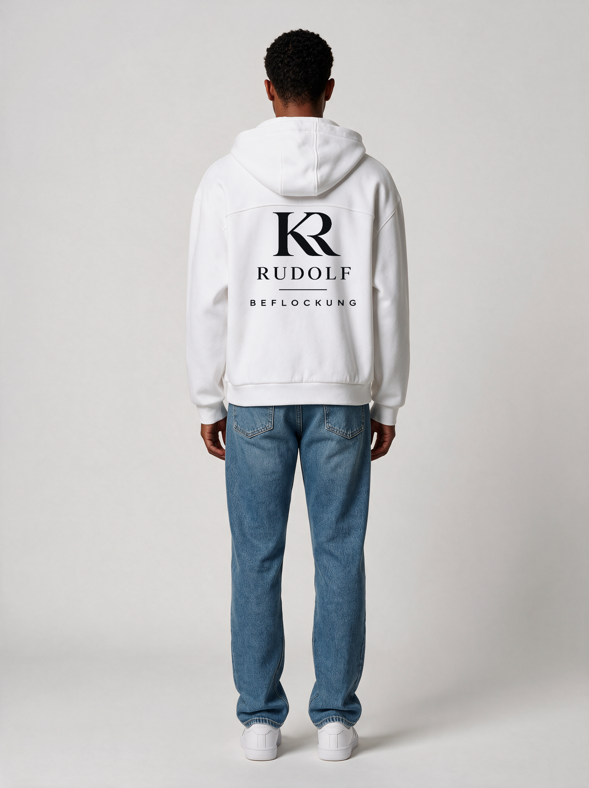 Zip-Hoodie Oversize Heavy Rudolf Beflockung Weiß in Weiß, Rückansicht