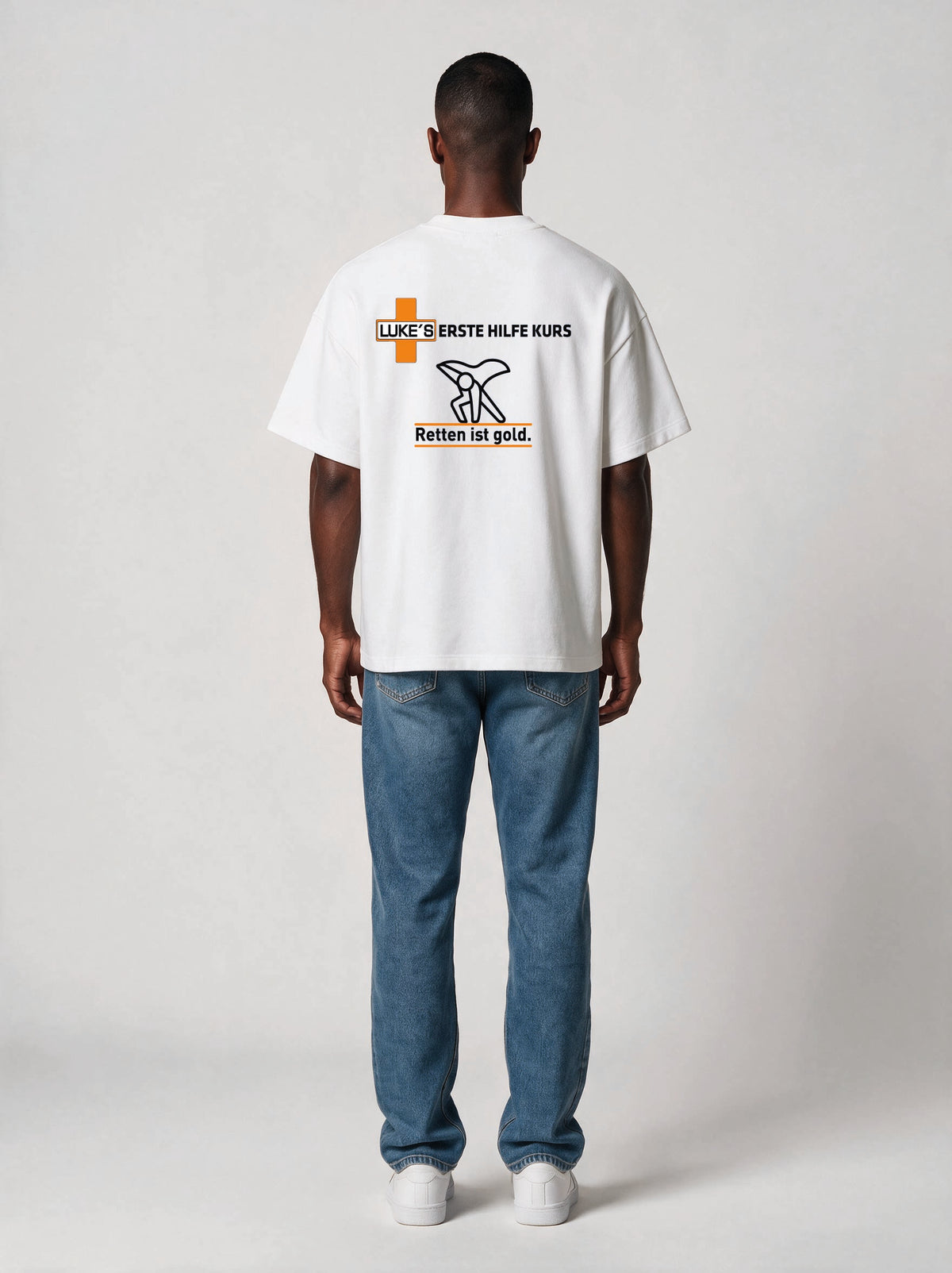T-Shirt Premium LUKE´S Erste Hilfe Kurs in Weiß, Rückansicht