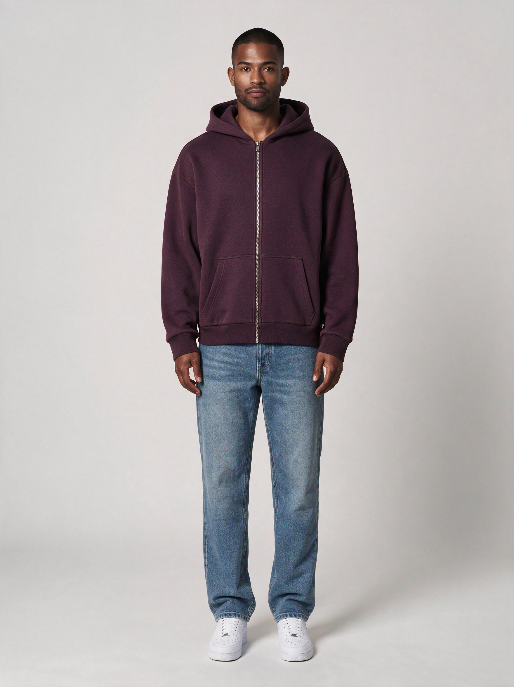 Zip-Hoodie Oversize Heavy in Aubergine, Vorderansicht