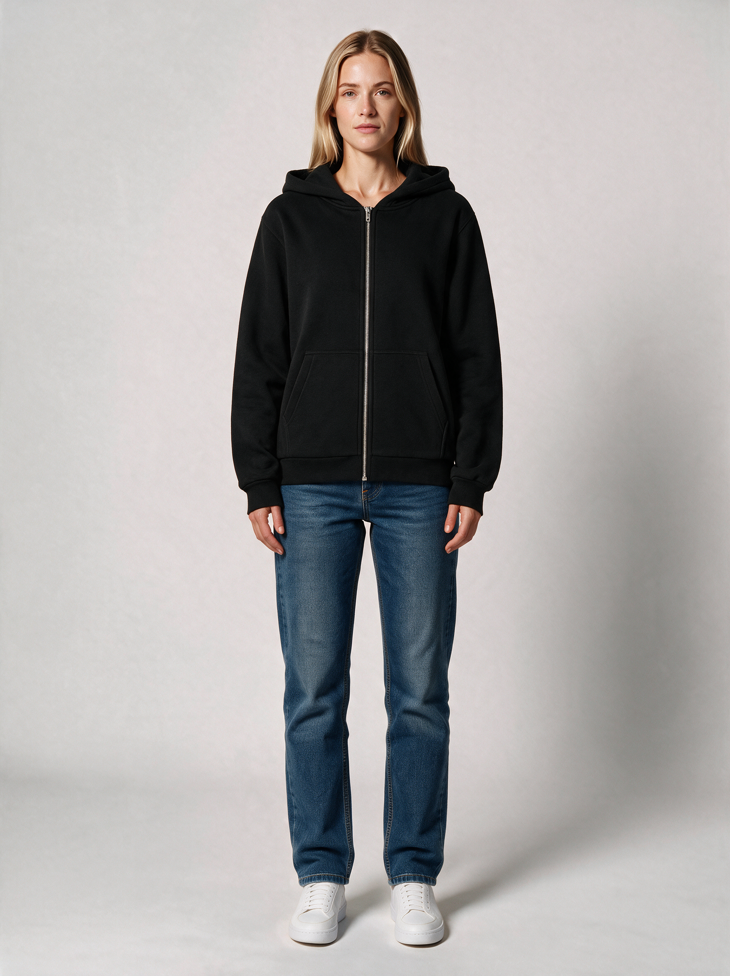 Zip-Hoodie Fluffy Damen in Schwarz, Vorderansicht