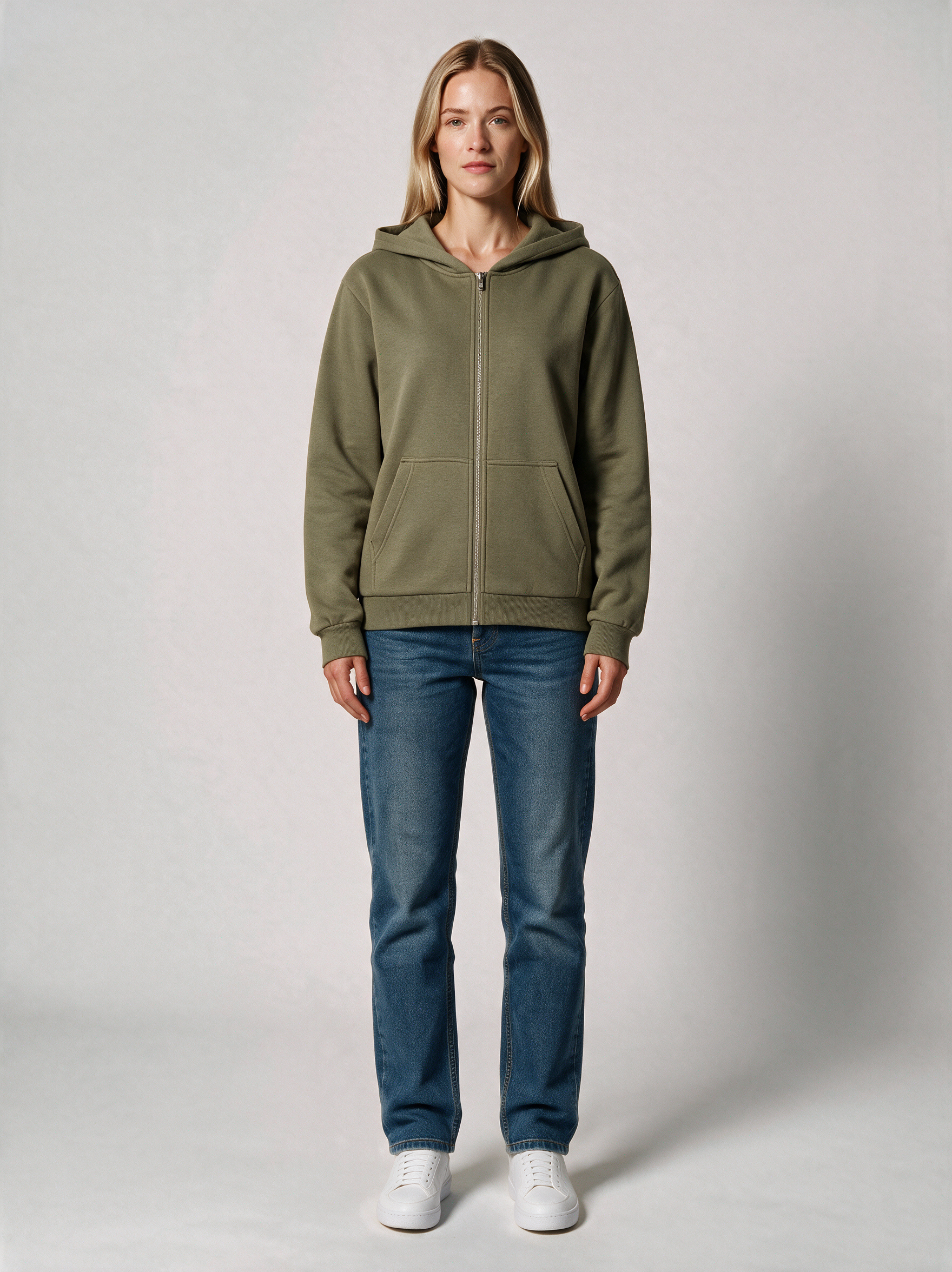 Zip-Hoodie Fluffy Damen in Oliv, Vorderansicht
