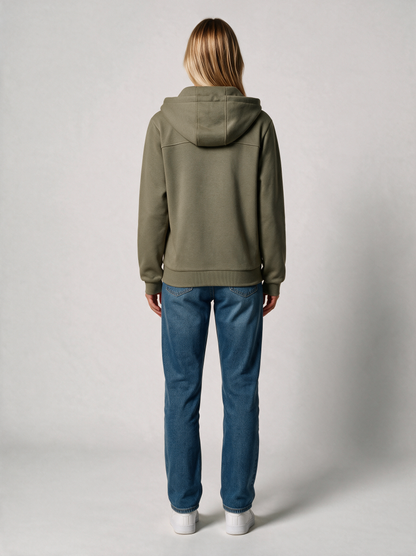 Zip-Hoodie Fluffy Damen in Oliv, Rückansicht