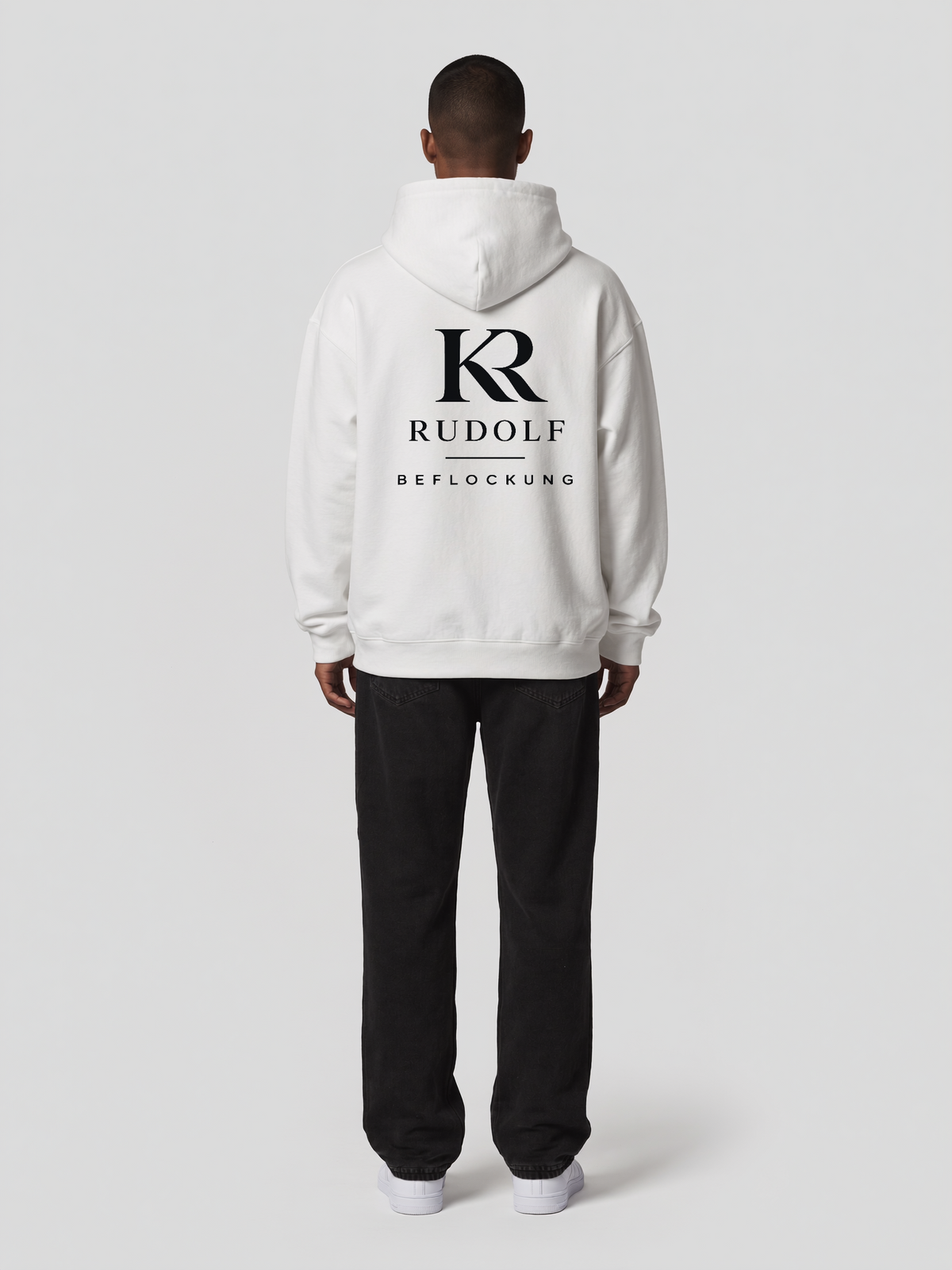 Hoodie Oversize Heavy Rudolf Beflockung Weiß in Weiß, Rückansicht