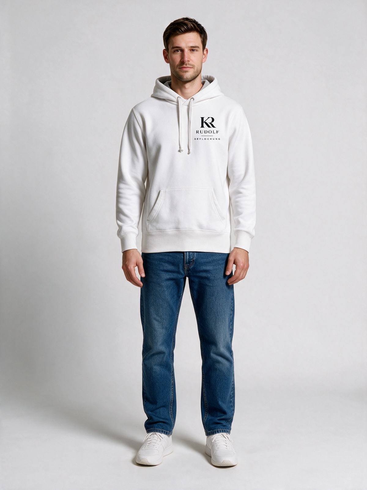 Hoodie Unisex Rudolf Beflockung Weiß in Weiß, Vorderansicht