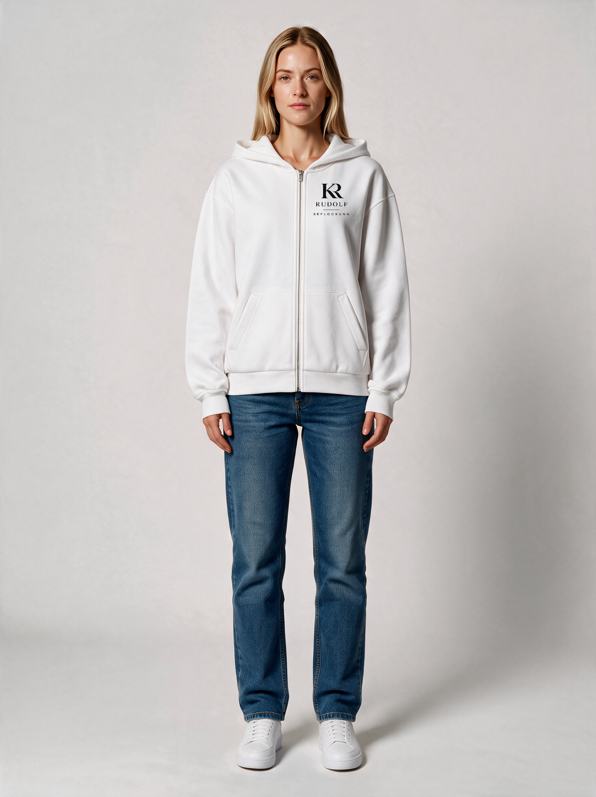 Zip-Hoodie Oversize Heavy Damen Rudolf Beflockung Weiß in Weiß, Vorderansicht