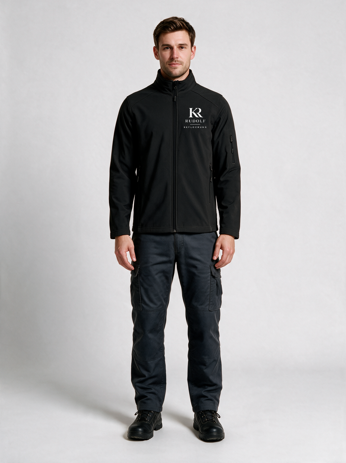 Softshelljacke Rudolf Beflockung Schwarz in Schwarz, Vorderansicht