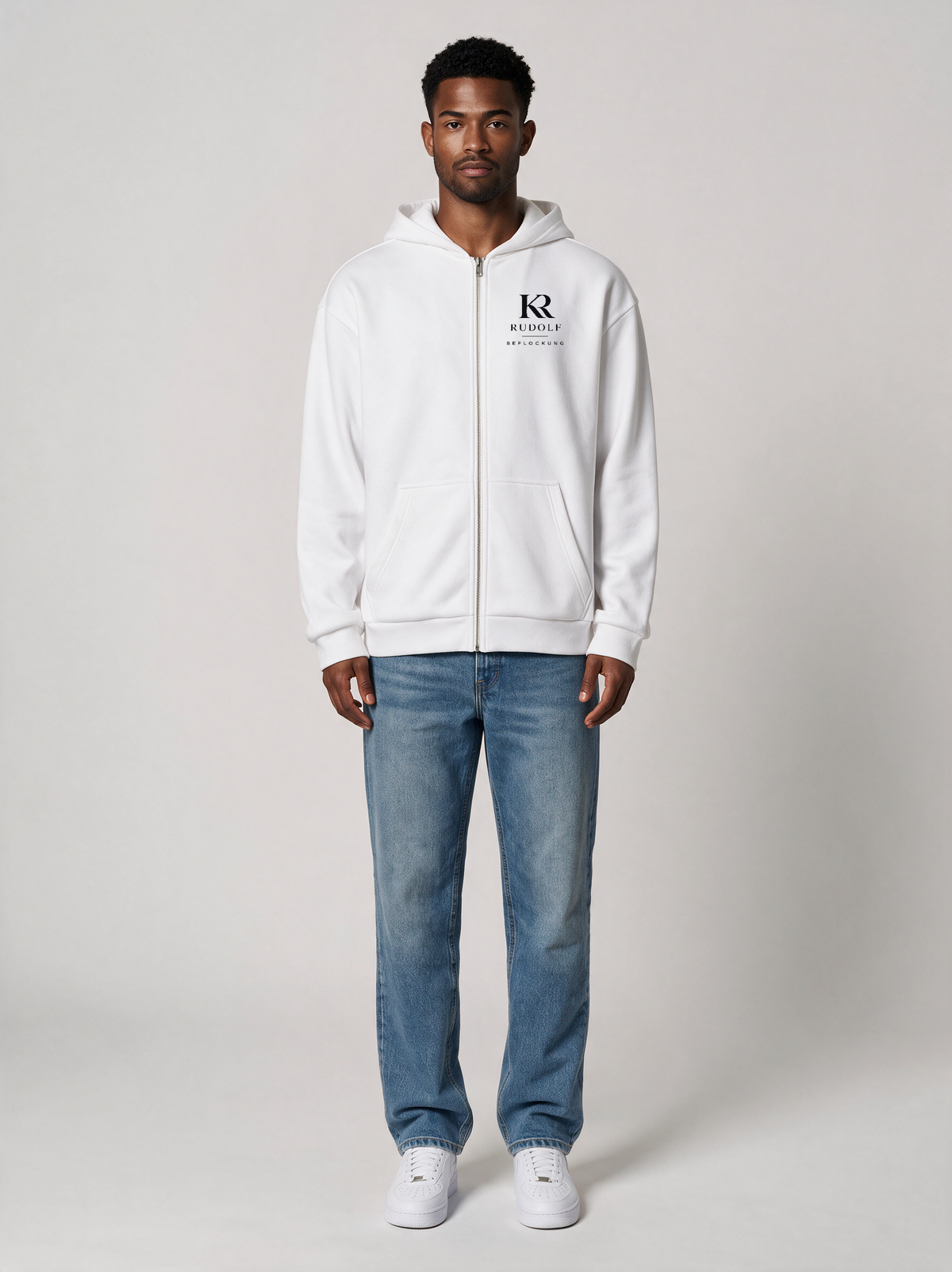 Zip-Hoodie Oversize Heavy Rudolf Beflockung Weiß in Weiß, Vorderansicht
