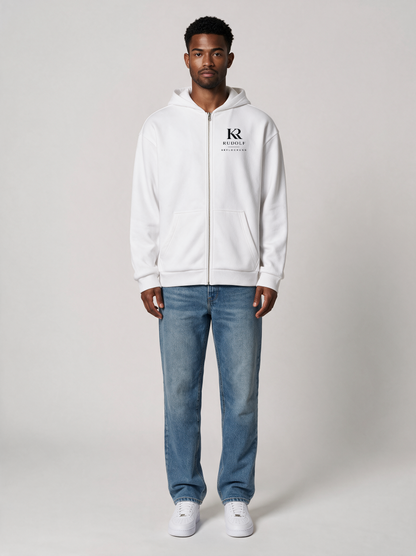 Zip-Hoodie Oversize Heavy Rudolf Beflockung Weiß in Weiß, Vorderansicht